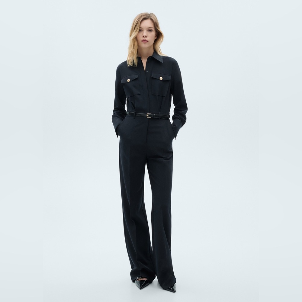 Mango Straight Fit Black Jumpsuit with Belt Size Large